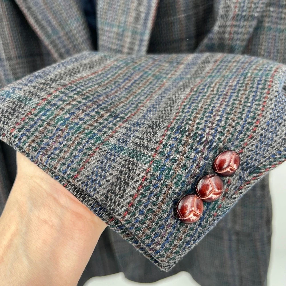 Men's Pendleton Blazer Jacket Wool Dark Blue Plaid‎ Leather Buttons Size 46